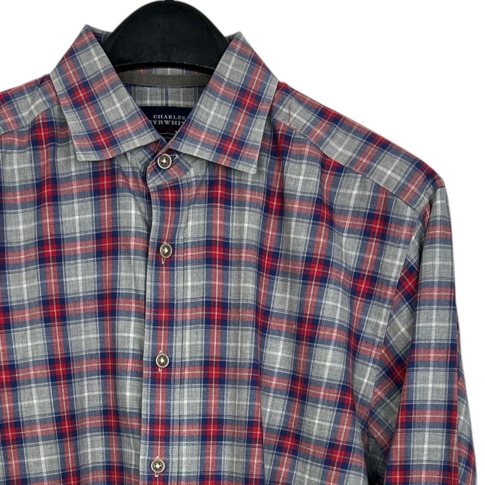 Charles Tyrwhitt WEEKEND Mens M Classic Fit Plaid Button Down Shirt Grey Red‎